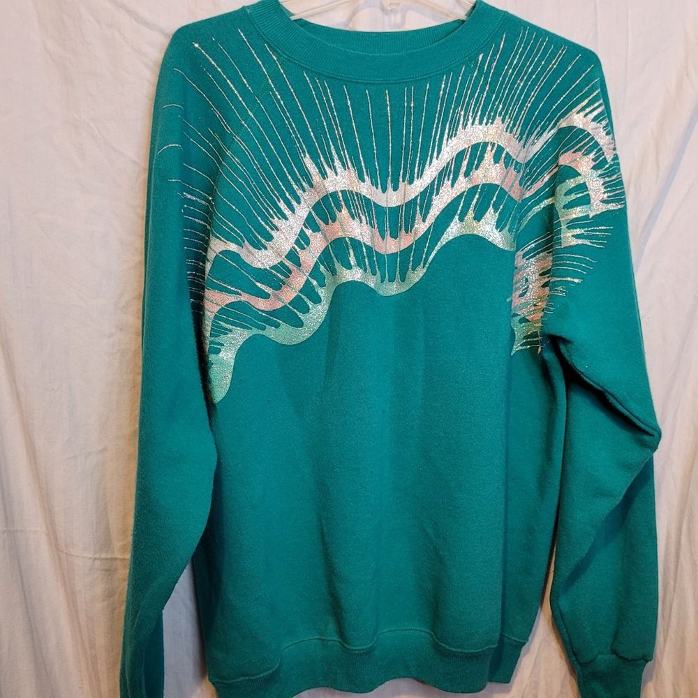 Vintage Spin Art Sweatshirt Abstract Painted Design Adult XL Green 80s Retro